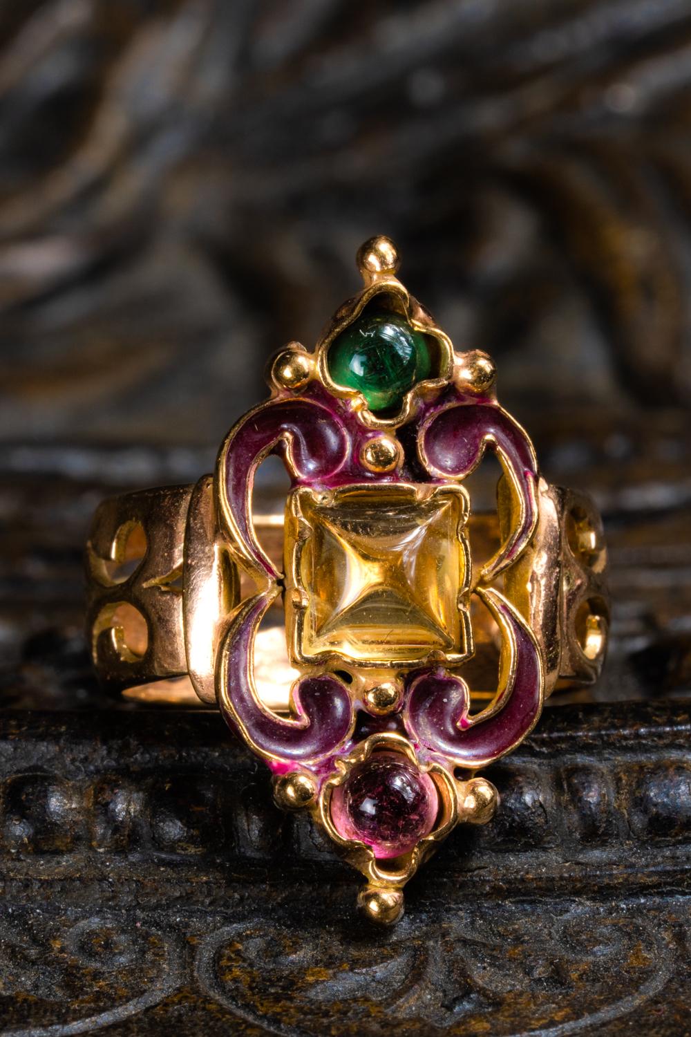 Women's or Men's Large Antique Citrine Enamel Ring, Sugarloaf Cabochon Citrine Tourmaline Ring For Sale