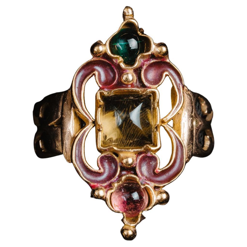 Large Antique Citrine Enamel Ring, Sugarloaf Cabochon Citrine Tourmaline Ring For Sale