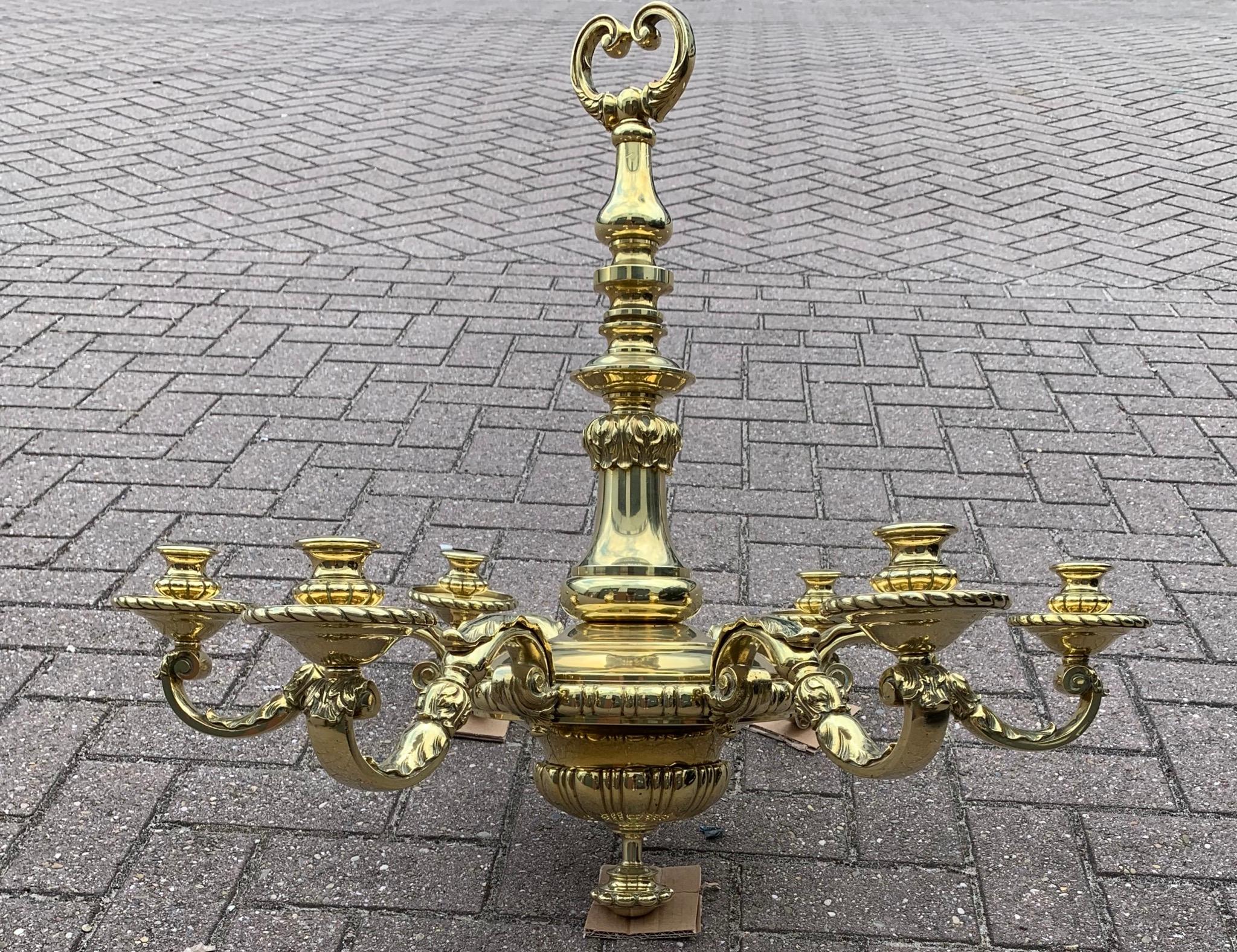 20th Century Large Antique NeoClassical Gold Color Bronze 6 arm Candle or Electric Chandelier For Sale
