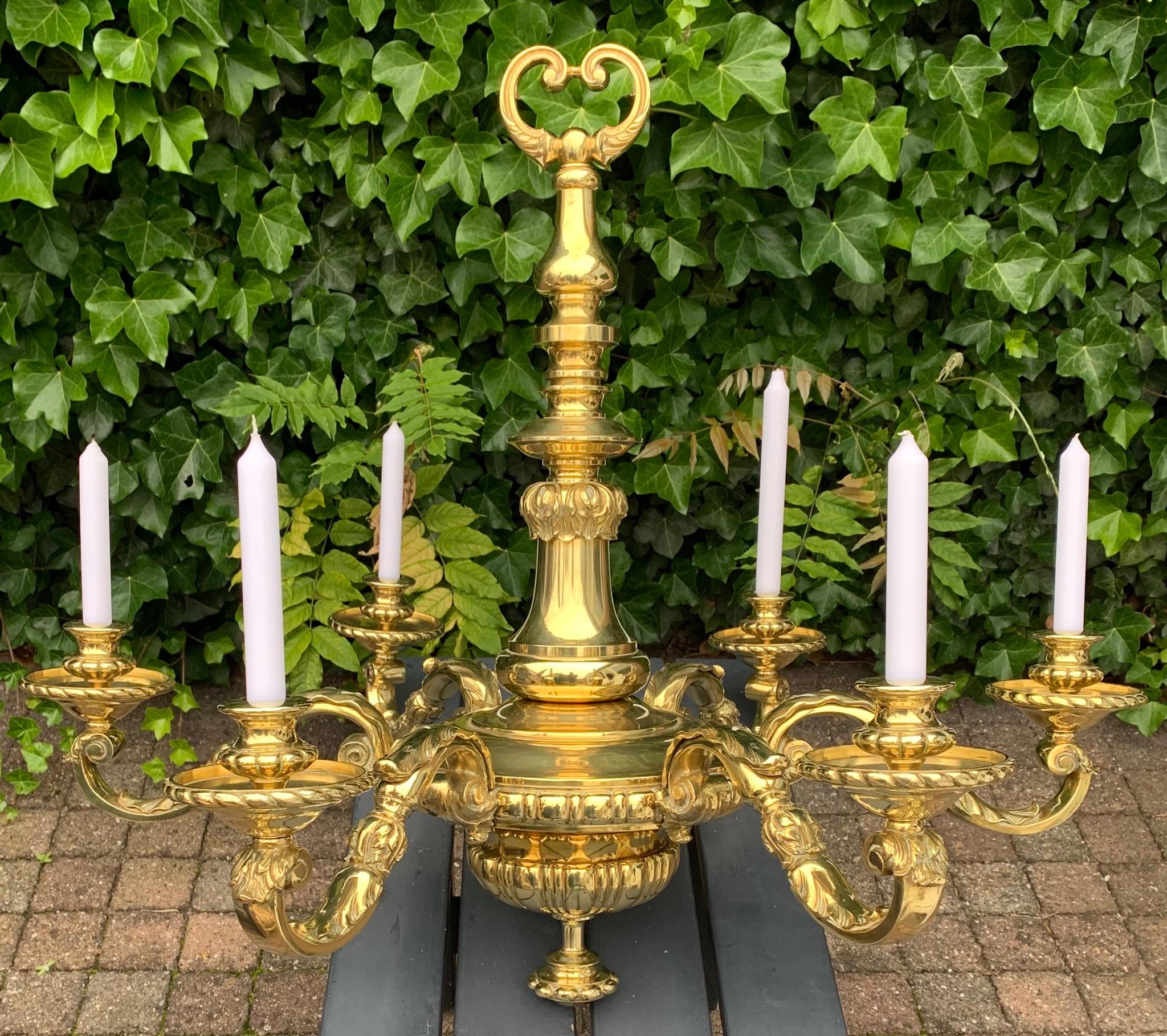 Large Antique NeoClassical Gold Color Bronze 6 arm Candle or Electric Chandelier For Sale 10