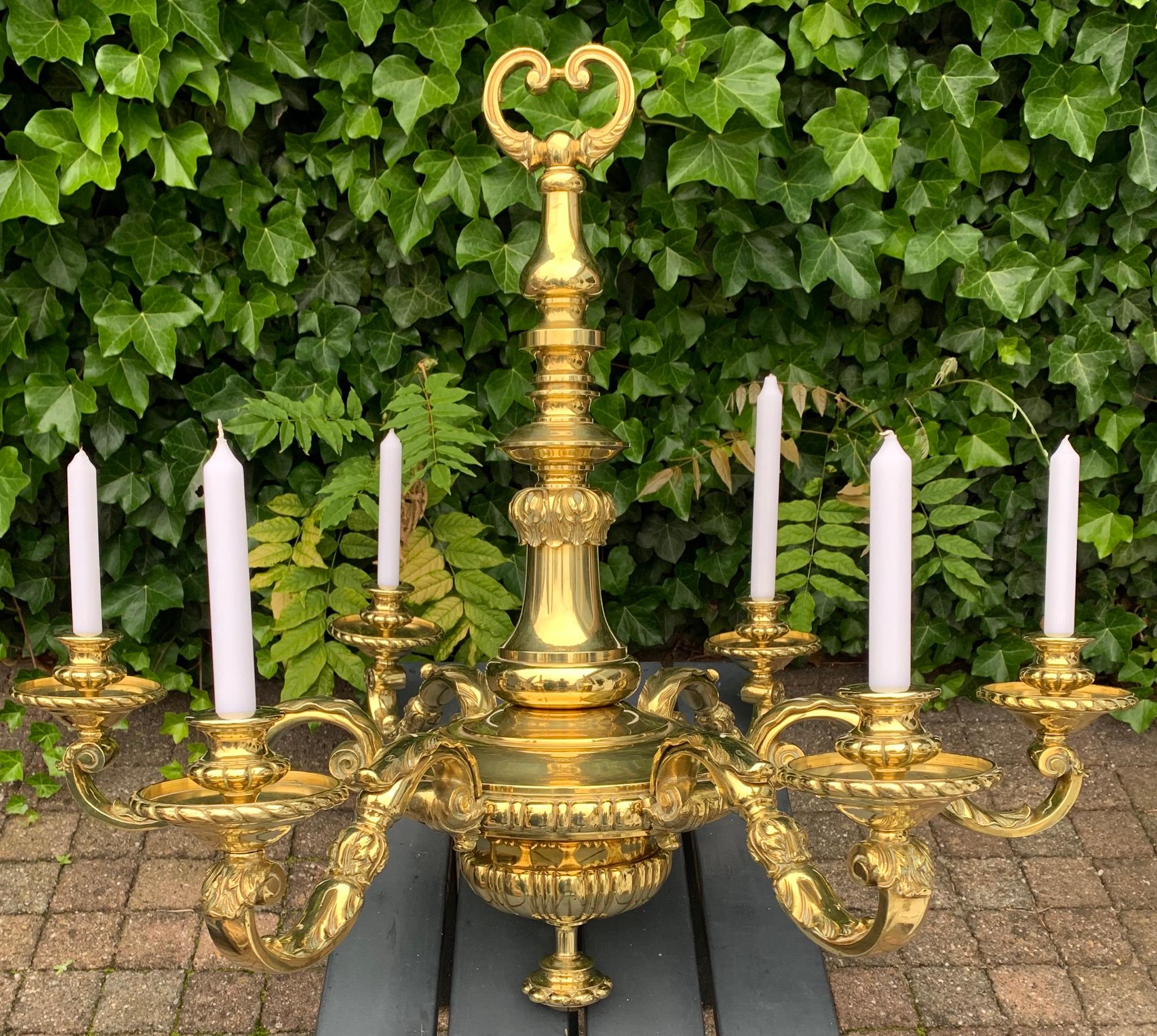 Large Antique NeoClassical Gold Color Bronze 6 arm Candle or Electric Chandelier In Excellent Condition For Sale In Lisse, NL