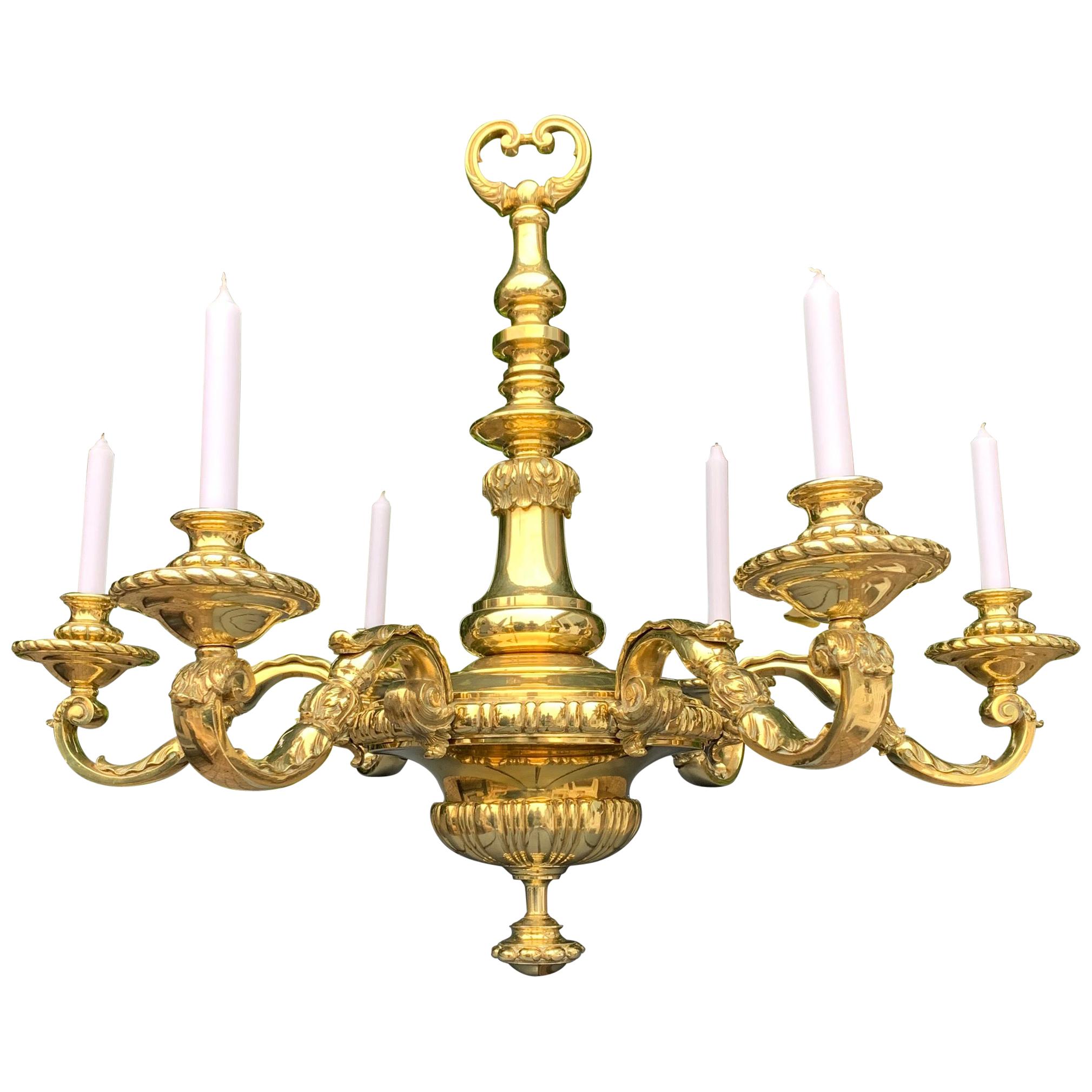 Large Antique NeoClassical Gold Color Bronze 6 arm Candle or Electric Chandelier For Sale