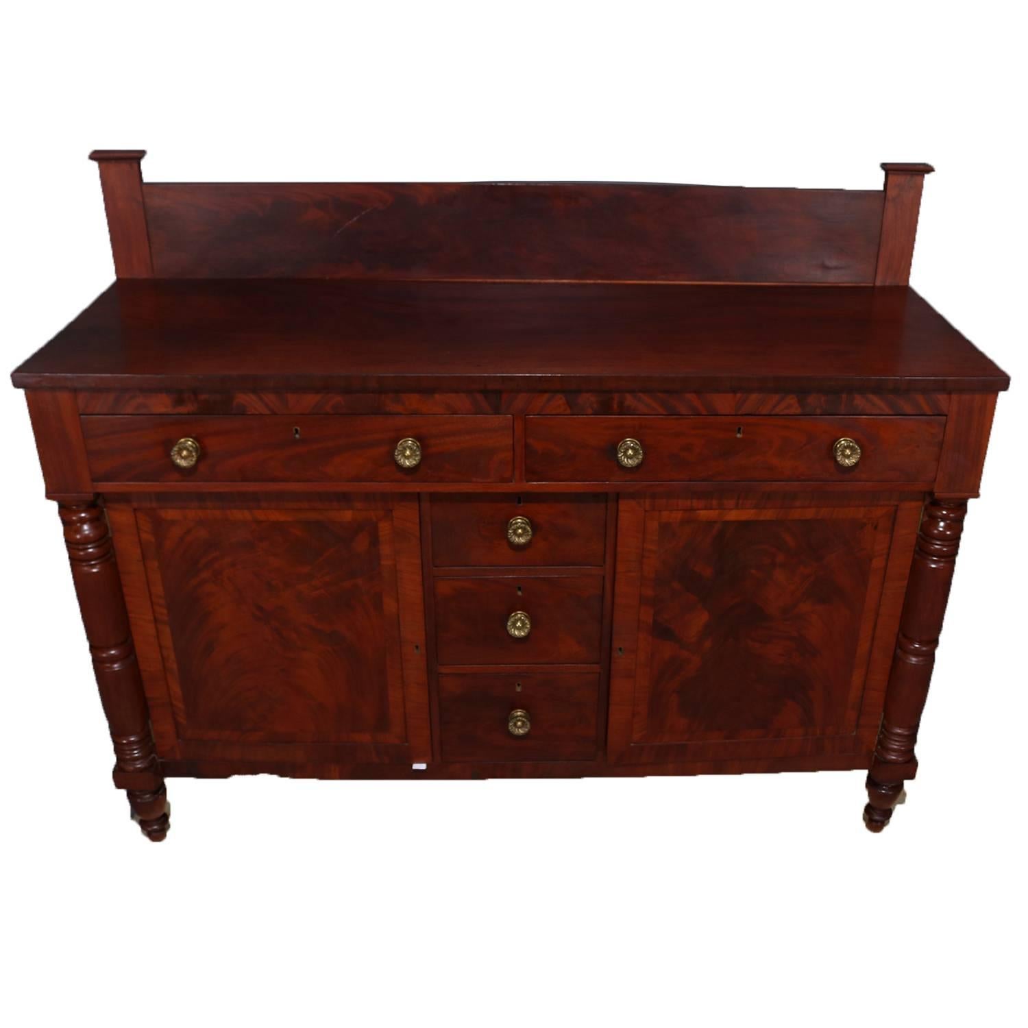 Large Antique Classical American Empire Banded Flame Mahogany Sideboard In Good Condition In Big Flats, NY