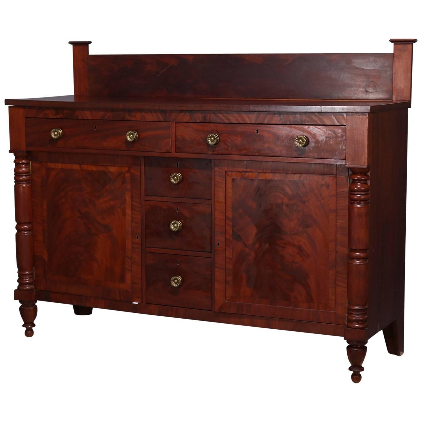 Large Antique Classical American Empire Banded Flame Mahogany Sideboard