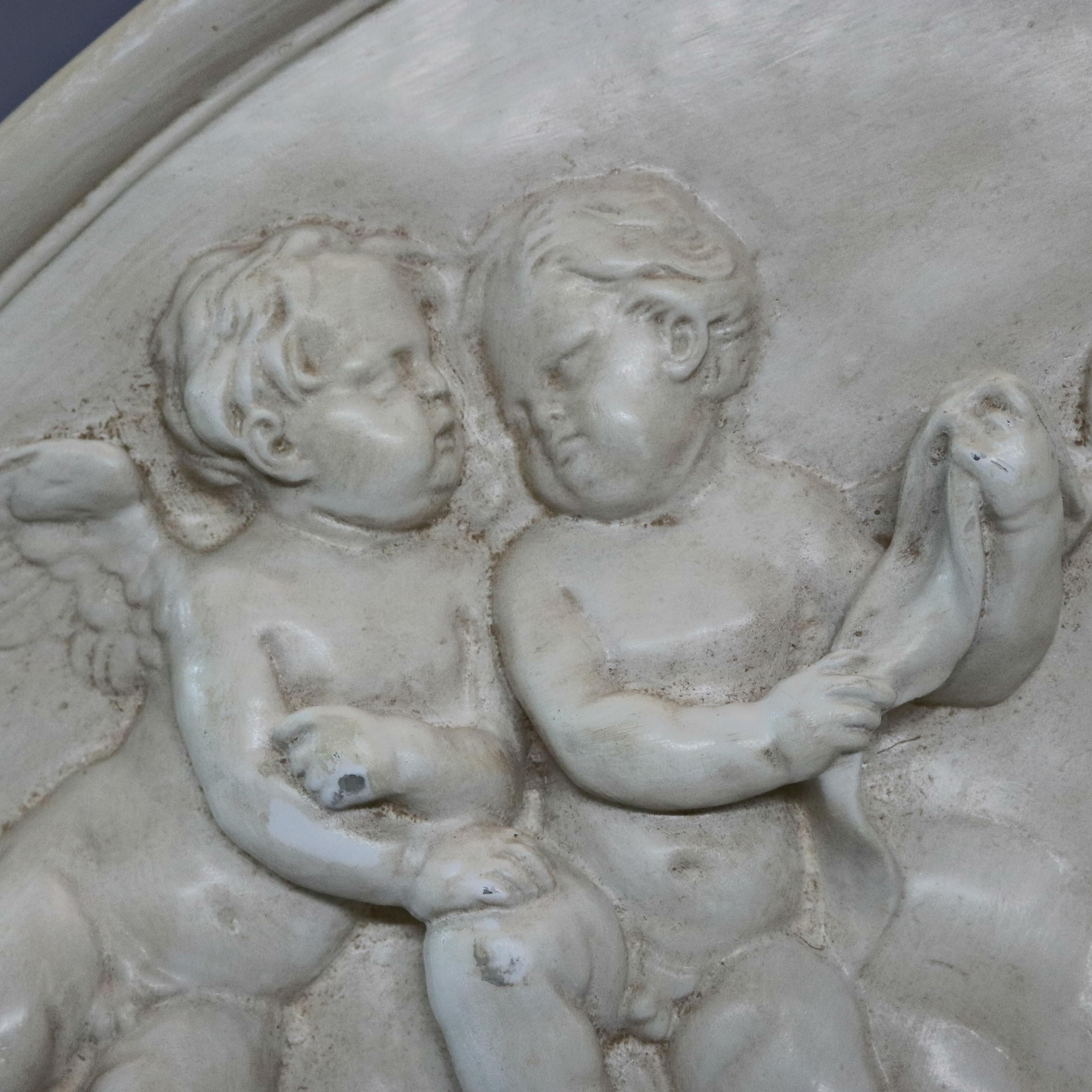 Classical Greek Large and Antique Classical Porcelain Relief Crescent Form Cherub Plaque