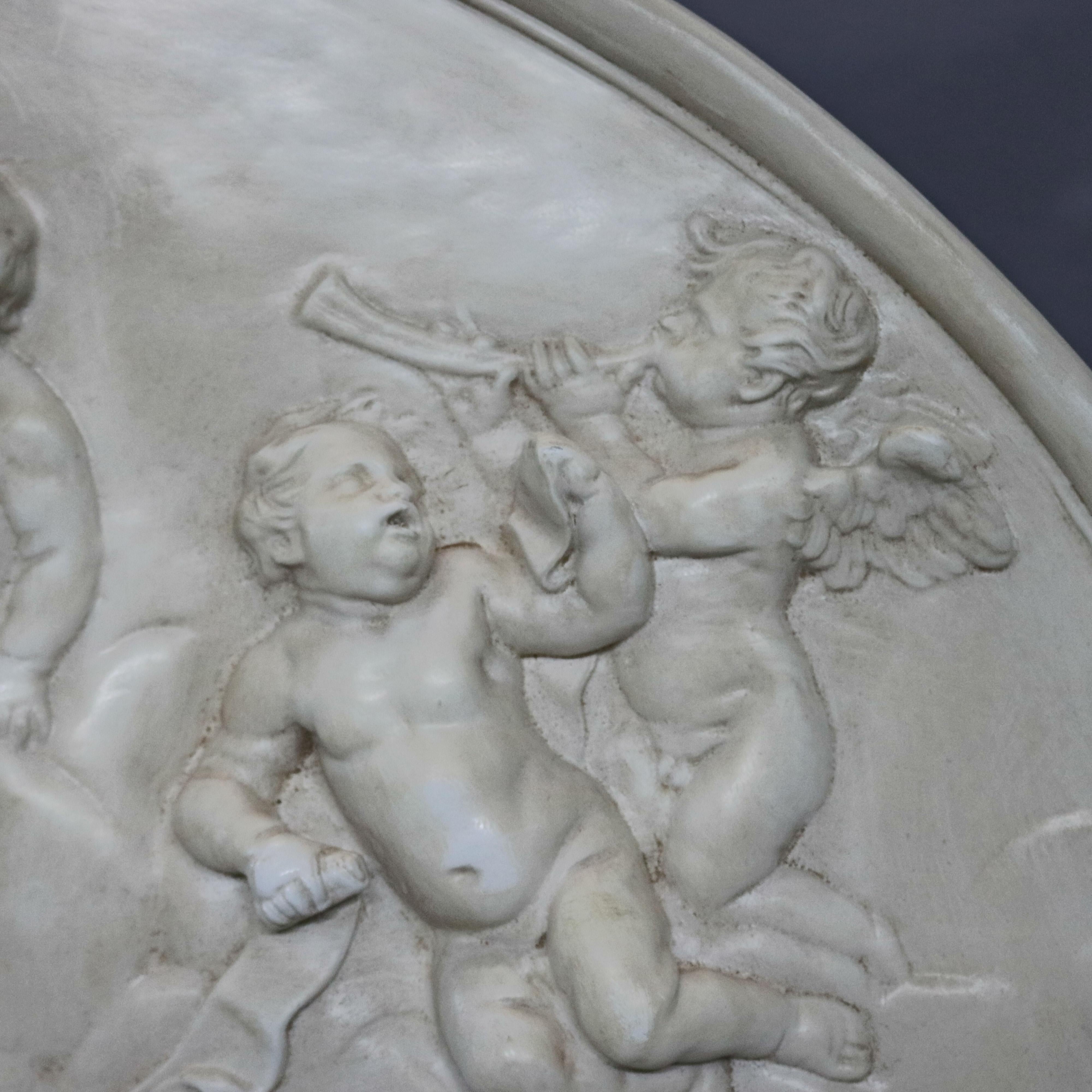 French Large and Antique Classical Porcelain Relief Crescent Form Cherub Plaque