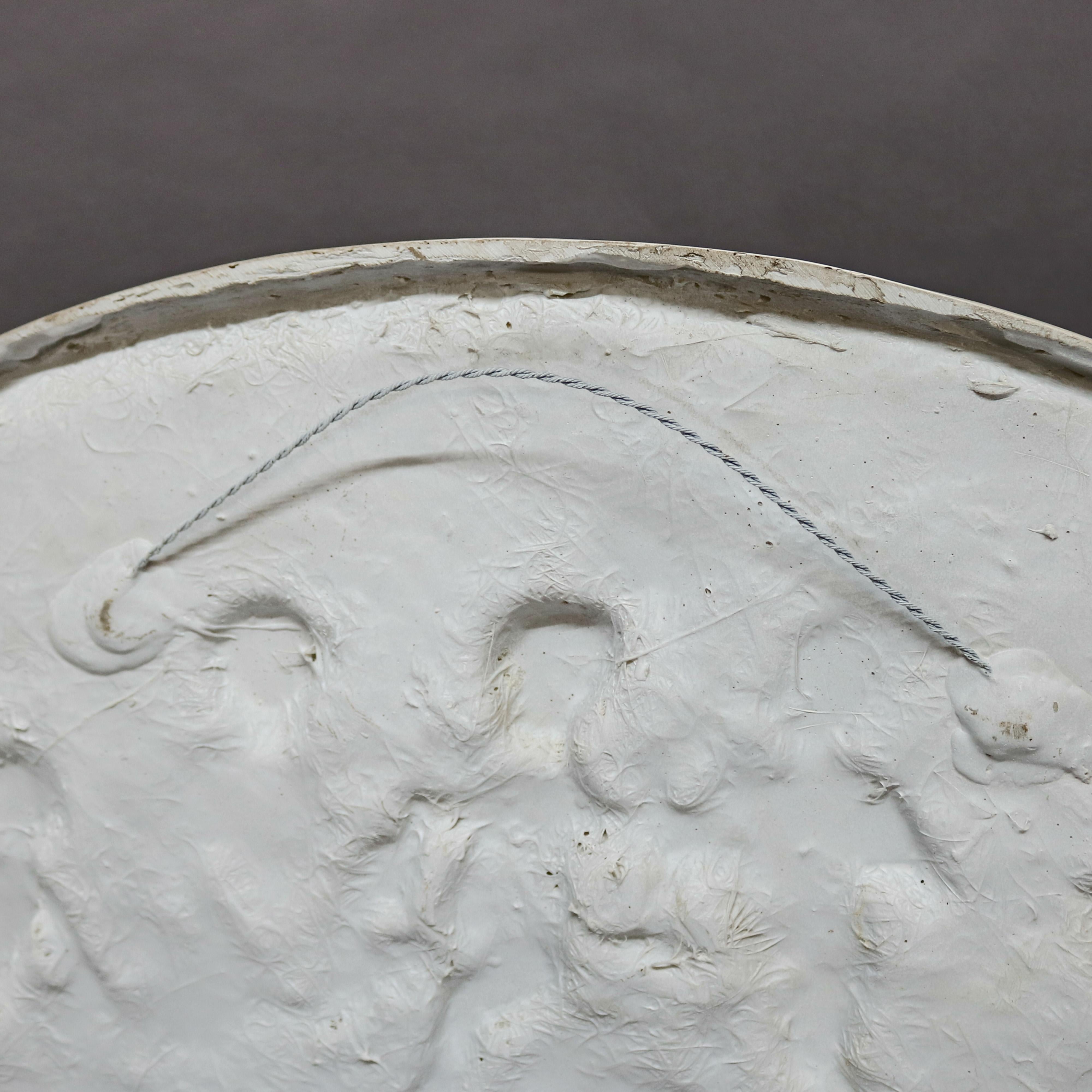 Large and Antique Classical Porcelain Relief Crescent Form Cherub Plaque 1