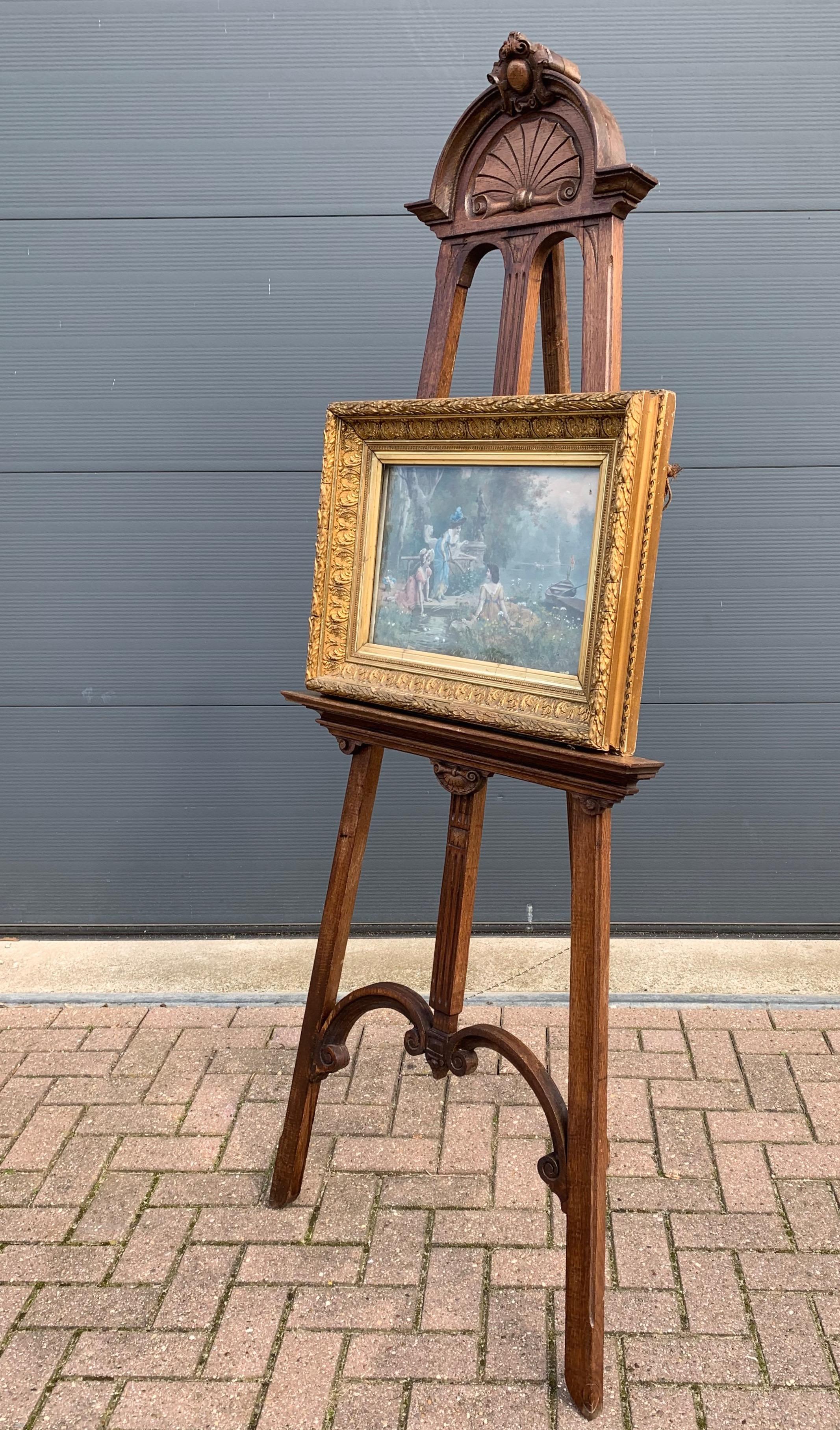 Beautiful design and practical to use painting stand.

This highly stylish, late 19th century studio easel has it all:
1. The design with its striking motifs and fine details is both rare and aesthetically very pleasing.
2. This handcrafted and hand