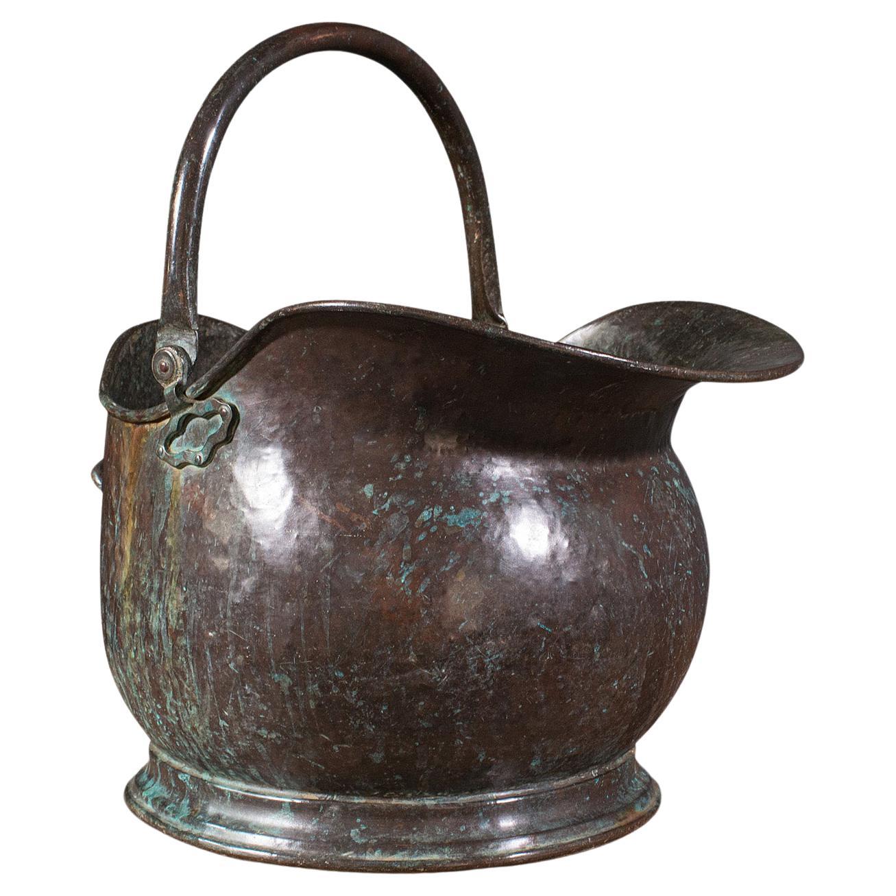Large Antique Coal Bucket, English, Weathered Copper, Fireside Scuttle, Georgian