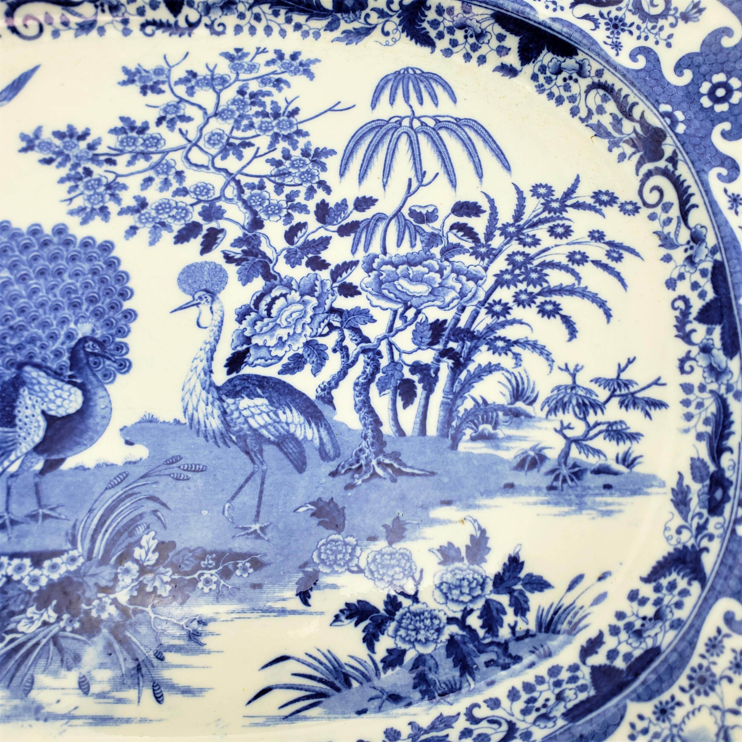 Large Antique Cobalt Blue Transferware Ceramic Turkey Platter with Exotic Birds For Sale 2