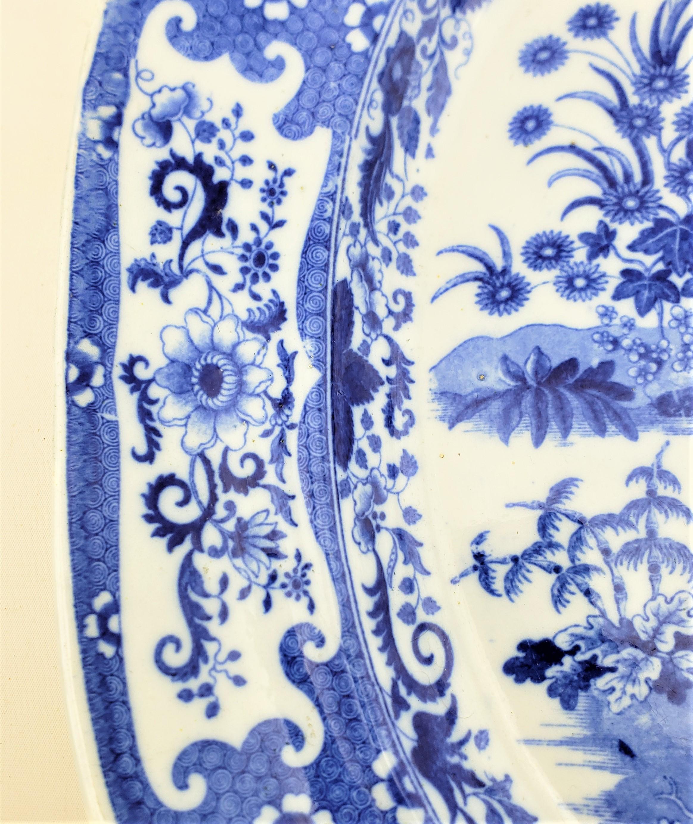 Large Antique Cobalt Blue Transferware Ceramic Turkey Platter with Exotic Birds For Sale 3