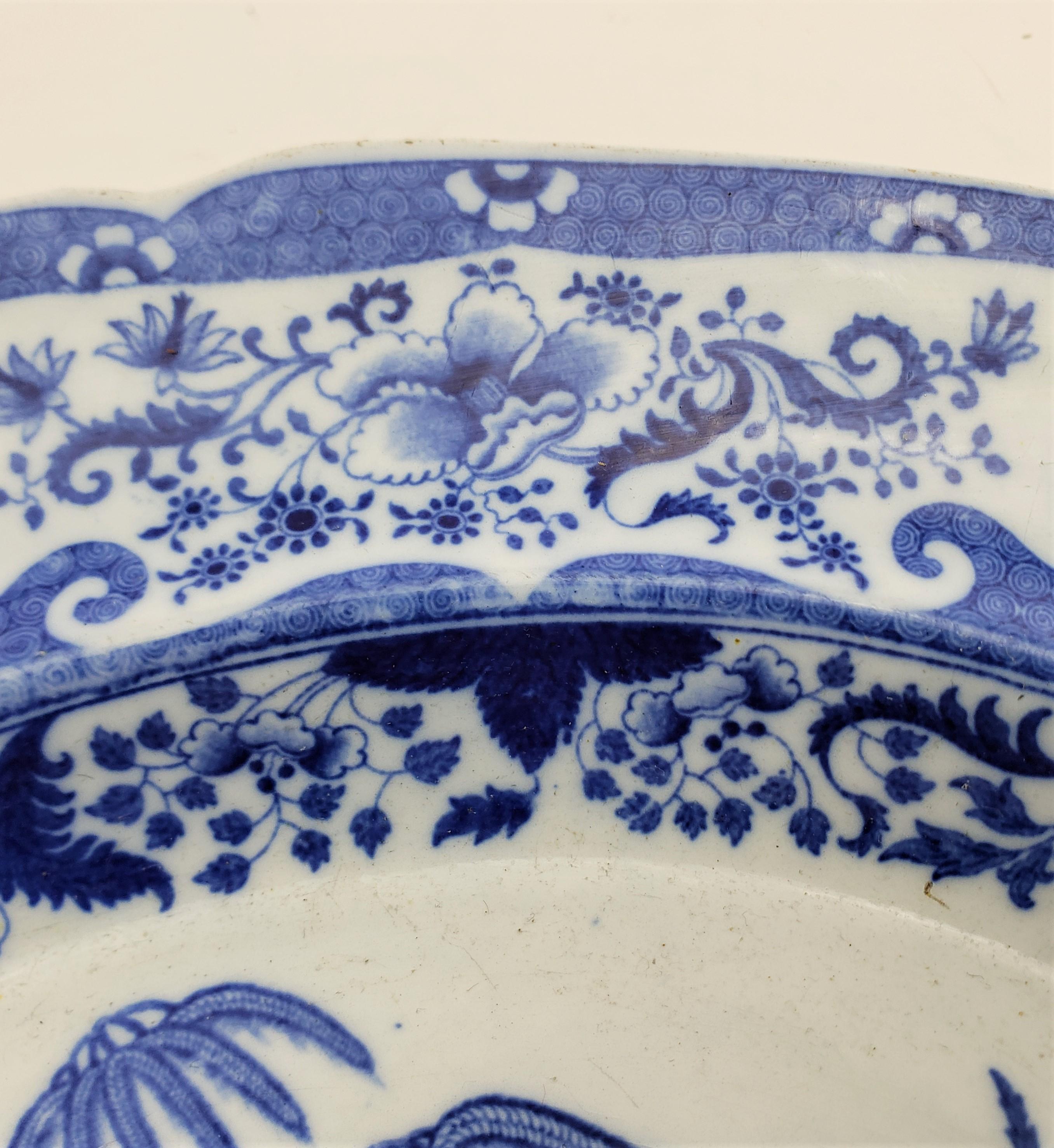 Large Antique Cobalt Blue Transferware Ceramic Turkey Platter with Exotic Birds For Sale 4