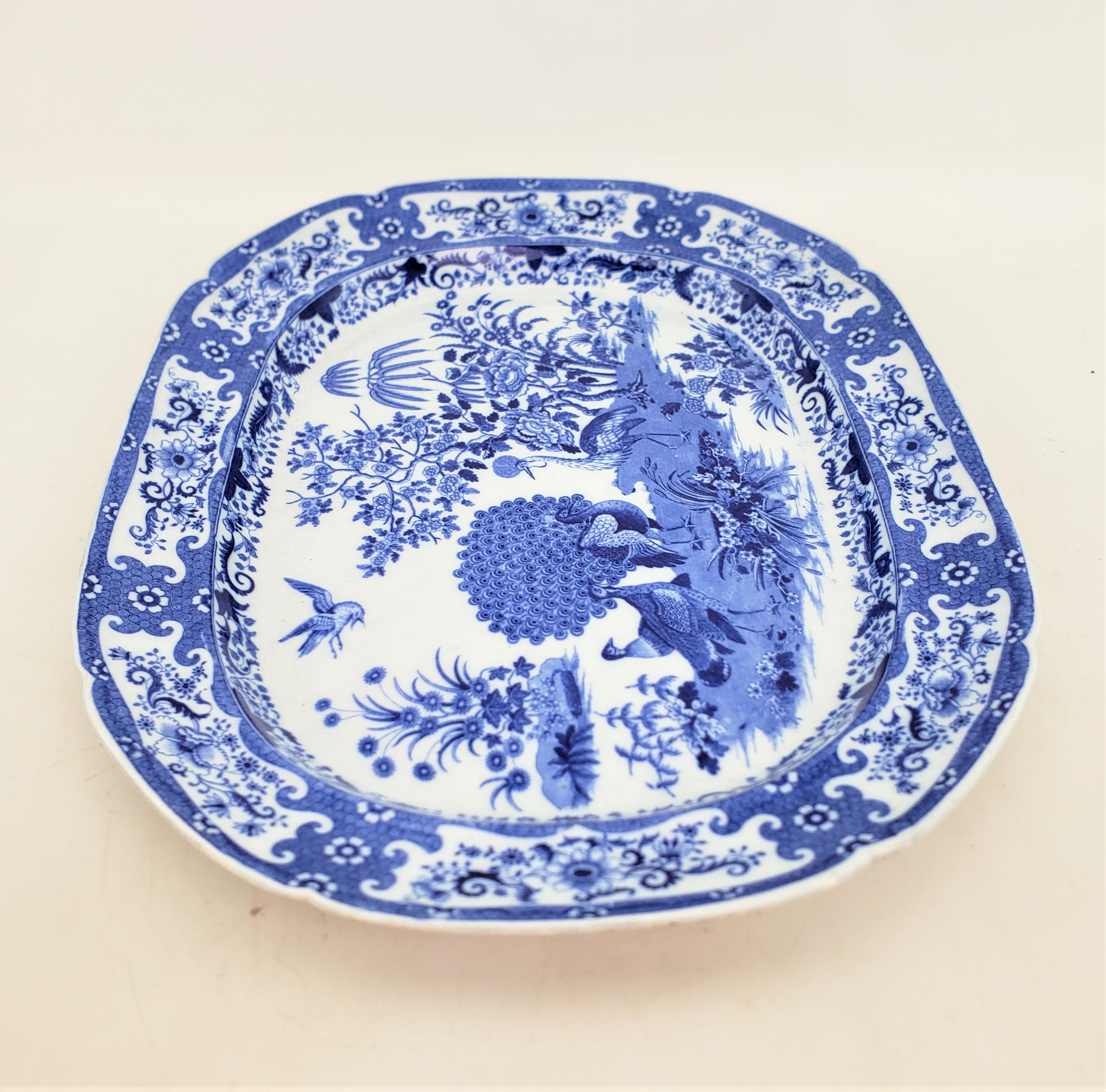 High Victorian Large Antique Cobalt Blue Transferware Ceramic Turkey Platter with Exotic Birds For Sale