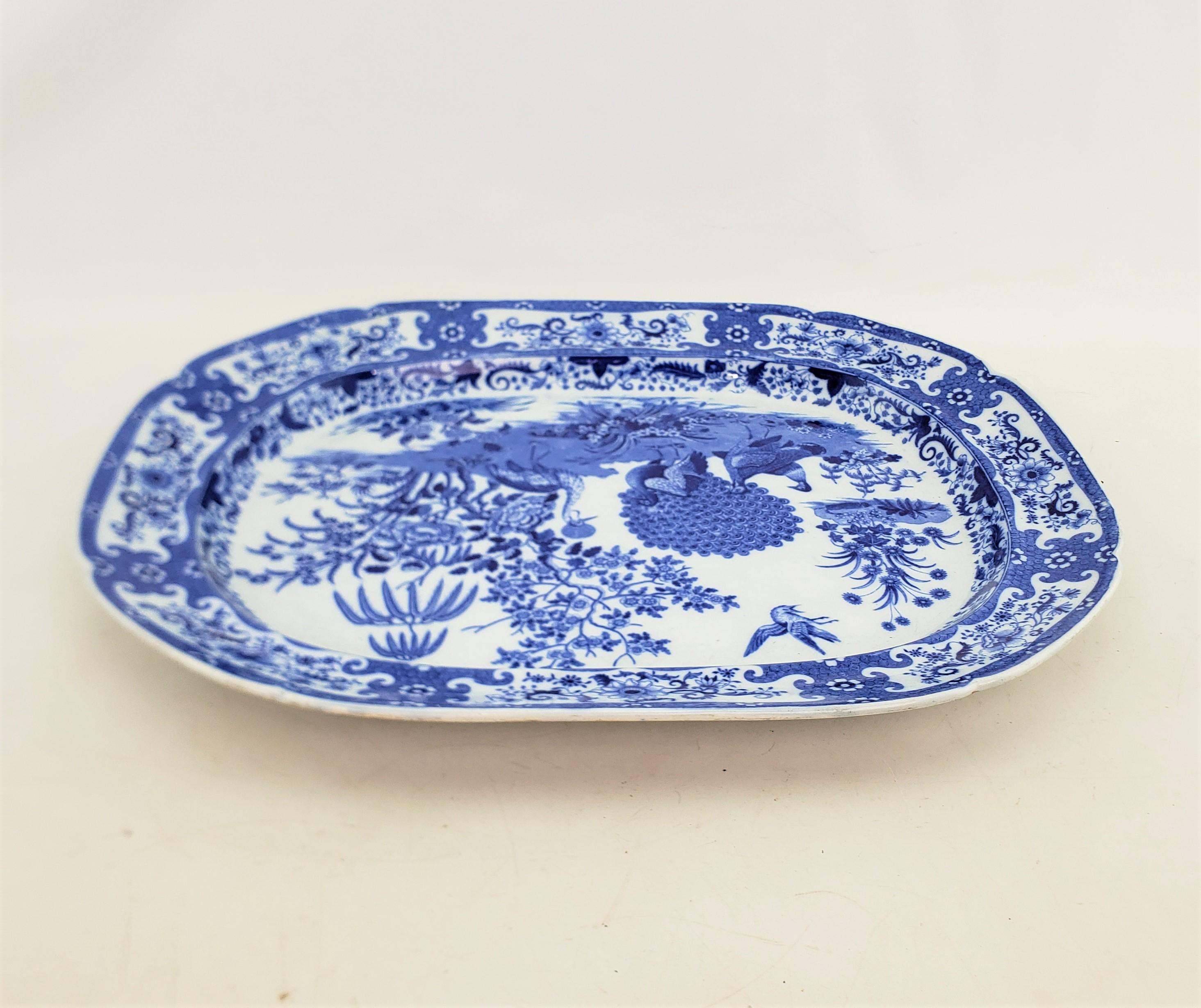English Large Antique Cobalt Blue Transferware Ceramic Turkey Platter with Exotic Birds For Sale