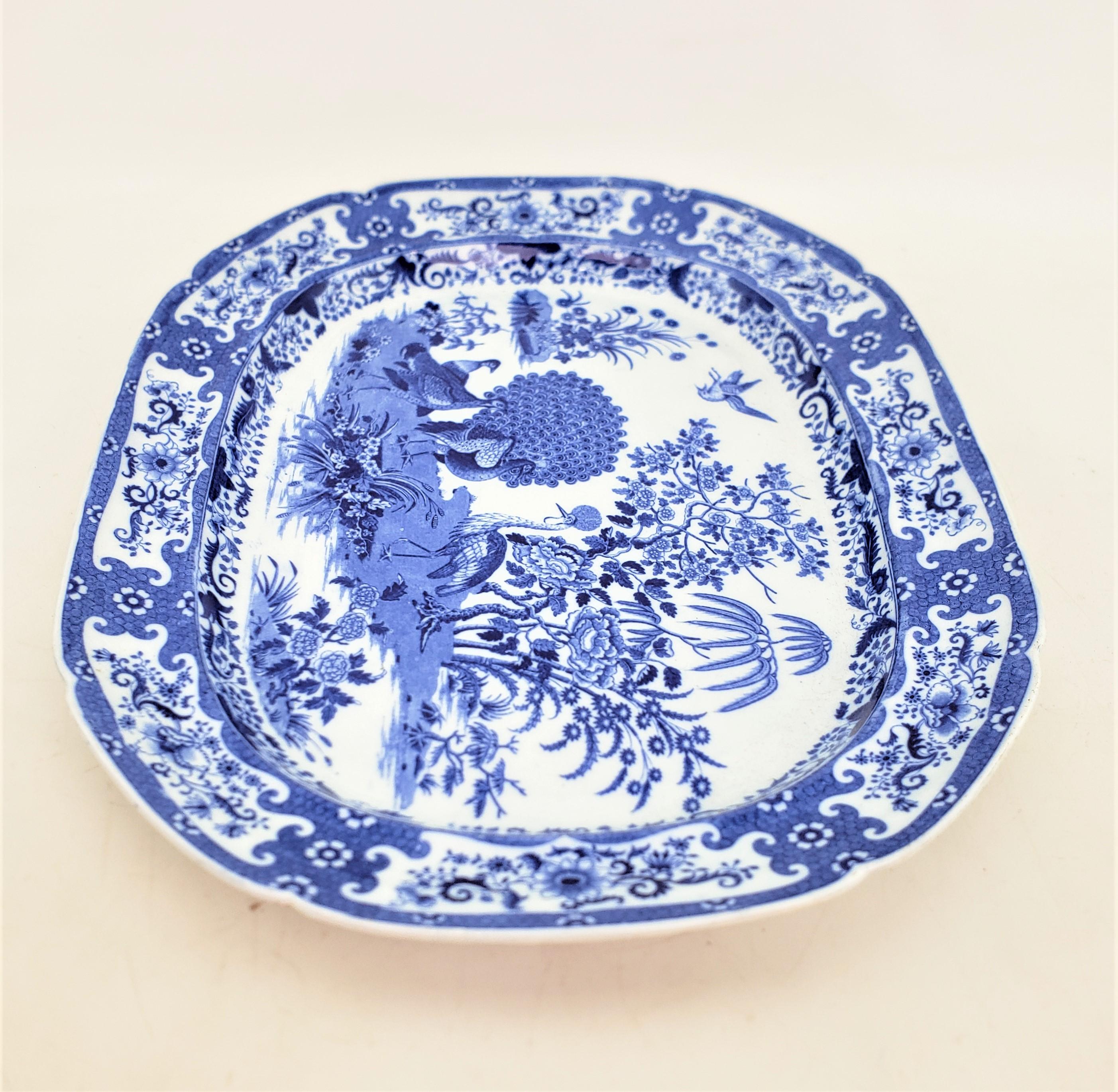 Machine-Made Large Antique Cobalt Blue Transferware Ceramic Turkey Platter with Exotic Birds For Sale