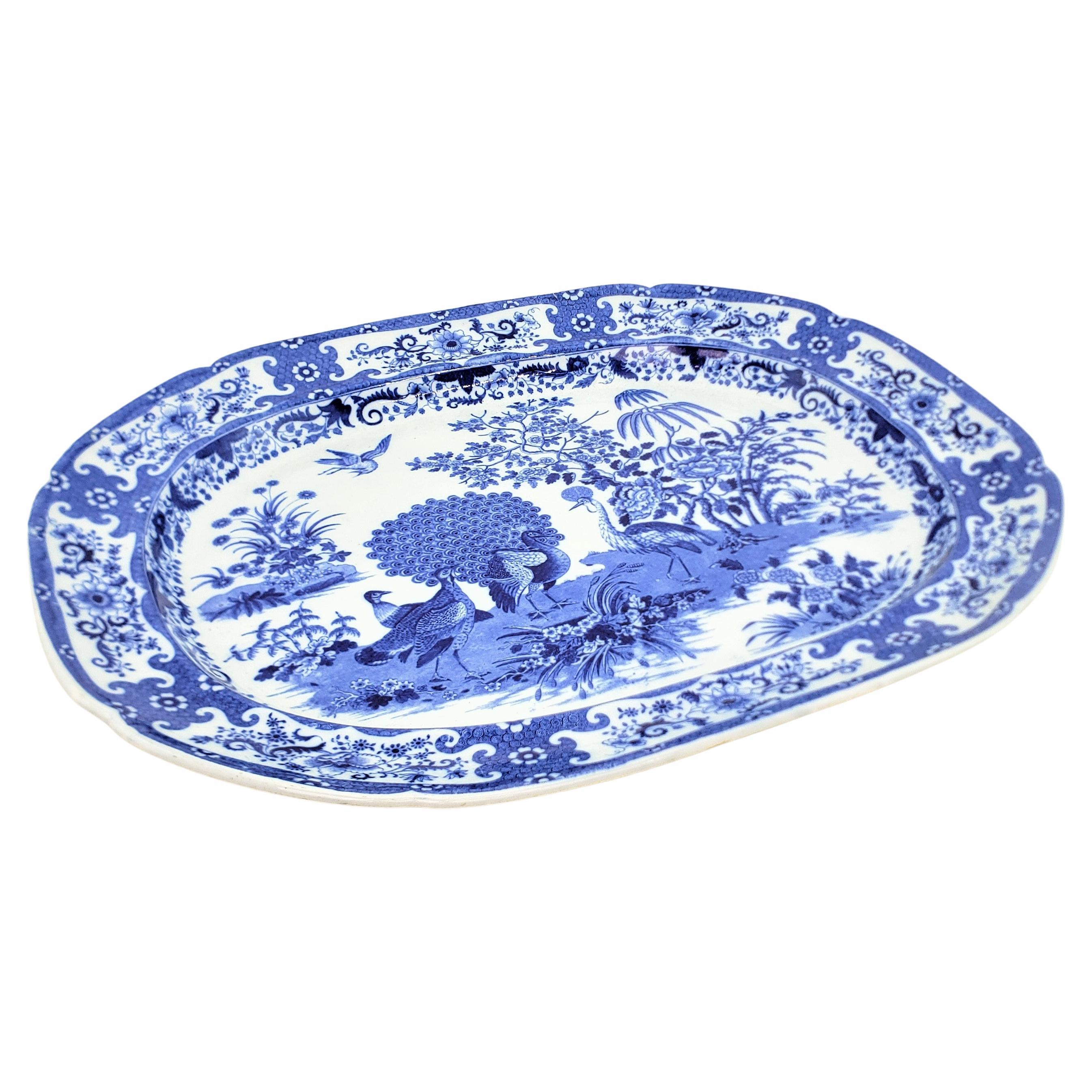 Large Antique Cobalt Blue Transferware Ceramic Turkey Platter with Exotic Birds For Sale