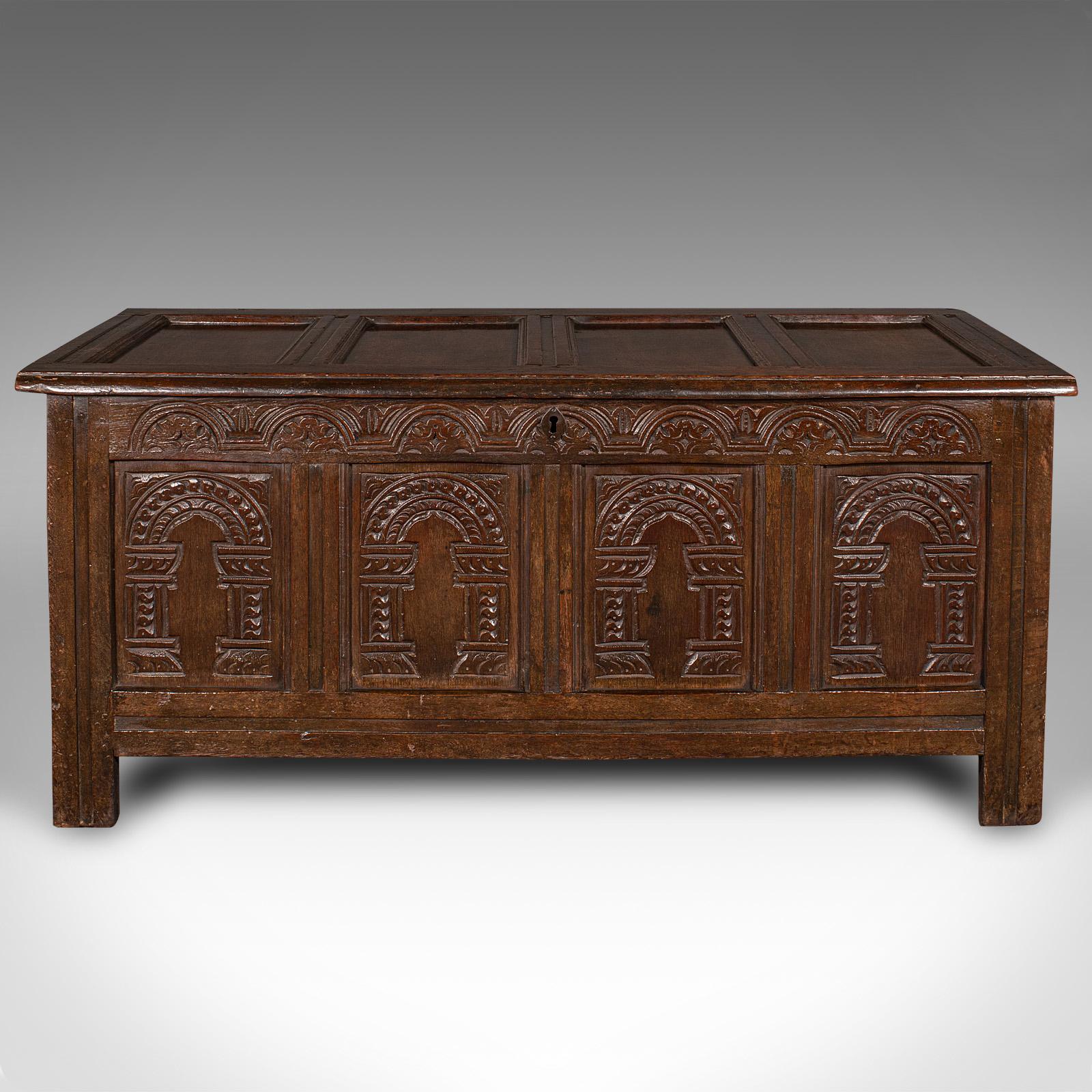 William and Mary Large Antique Coffer, English, Oak, Carved Trunk, Window Seat, William III, 1700 For Sale