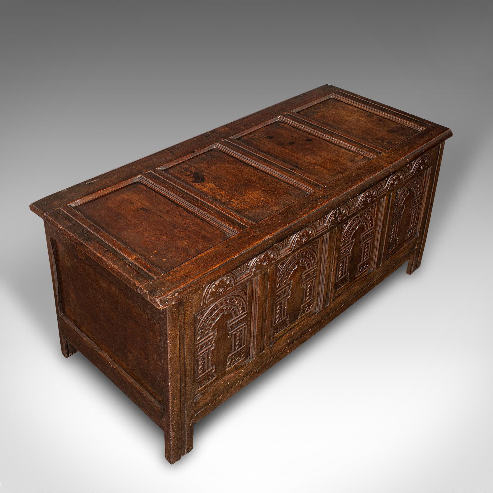 Large Antique Coffer, English, Oak, Carved Trunk, Window Seat, William III, 1700 For Sale 1