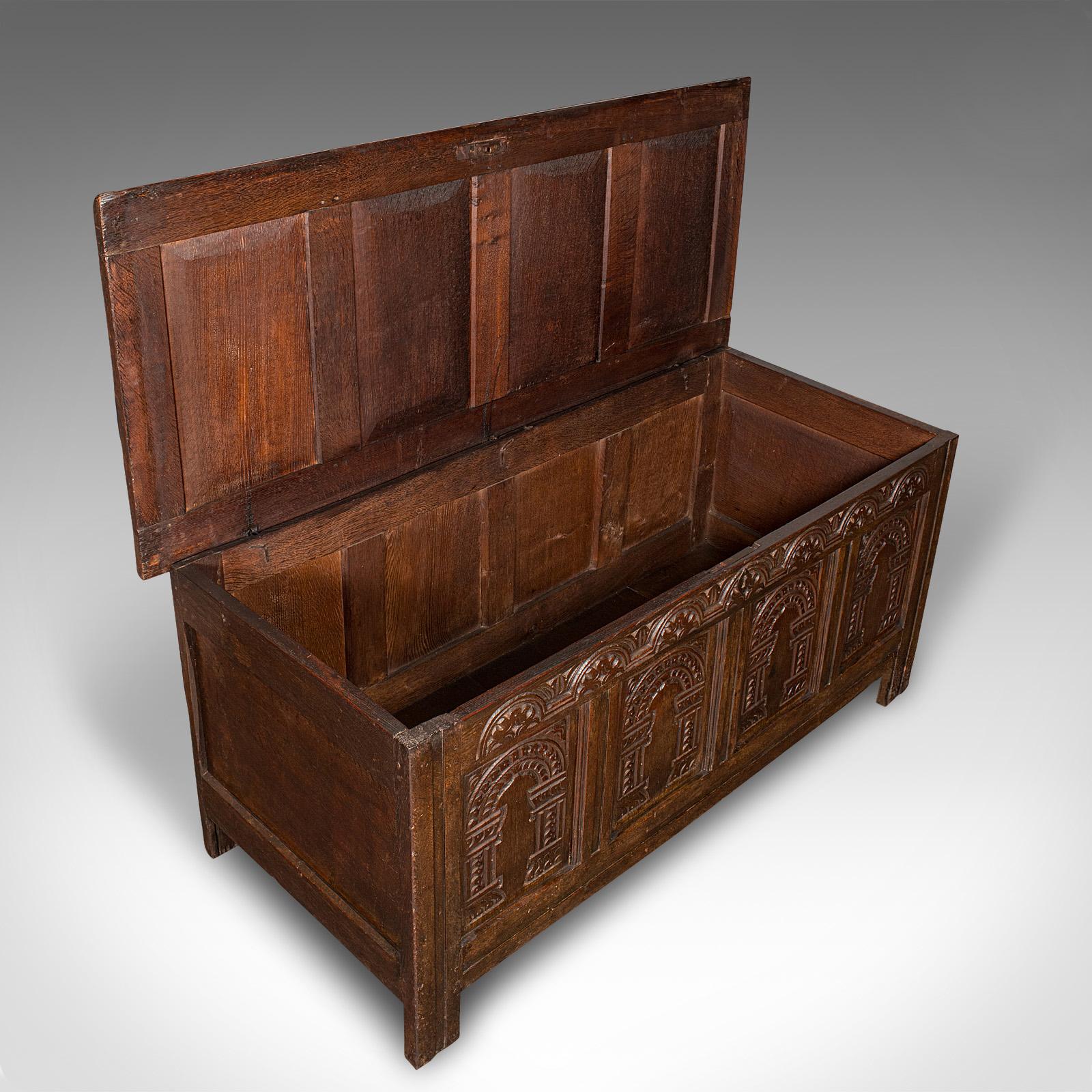 Large Antique Coffer, English, Oak, Carved Trunk, Window Seat, William III, 1700 For Sale 2