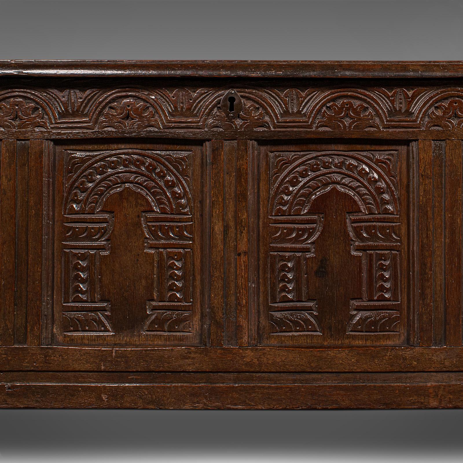 Großer antiker Koffer, englisch, Eiche, geschnitzte Truhe, Fenstersitz, William III., 1700 im Angebot 2