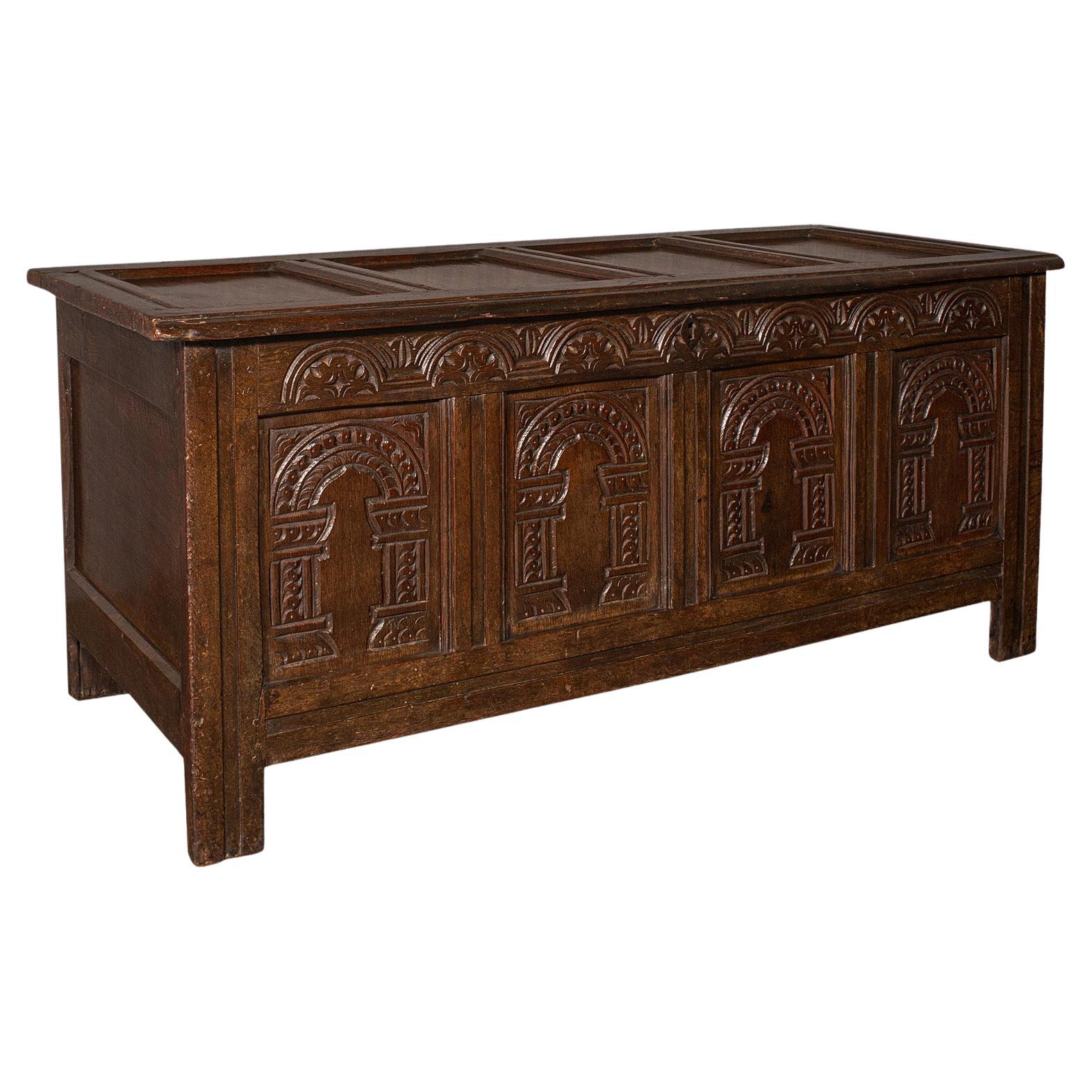Large Antique Coffer, English, Oak, Carved Trunk, Window Seat, William III, 1700 For Sale