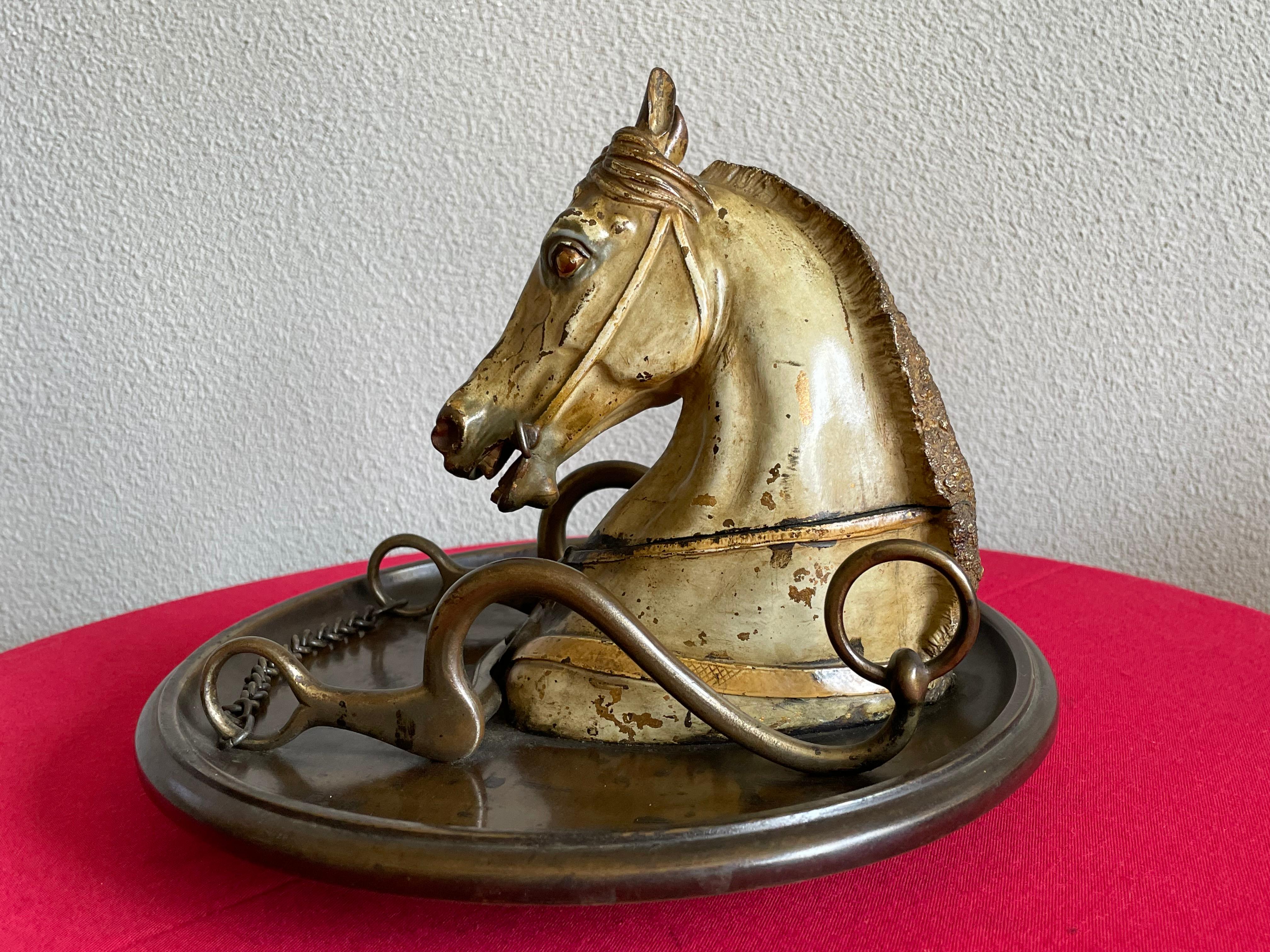 Brass Large Antique Cold Painted Vienna Bronze Horse Sculpture Inkstand Attr. Bergmann