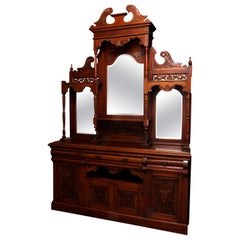 Large Antique Continental Carved Walnut Sideboard with Triptych Mirror