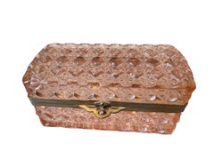 Large Antique Continental Pink Pressed Glass Jewelry Casket with Brass Mounts