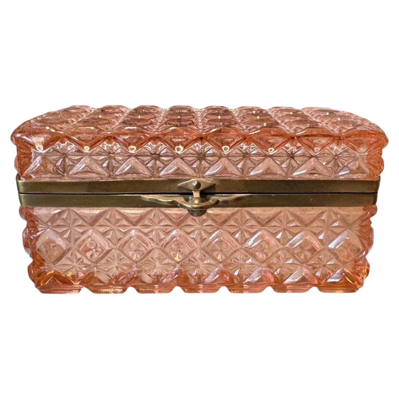 Large Antique Continental Pink Pressed Glass Jewelry Casket with Brass Mounts For Sale