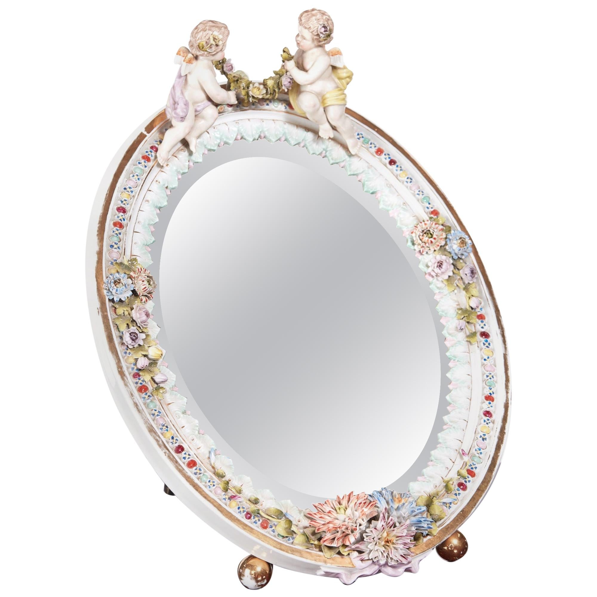 Large Antique Continental Porcelain Easel Mirror