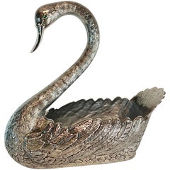 Large Antique Continental Silver Plated Swan Centerpiece, Style of Buccellati