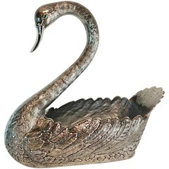 Grand centre de table ancien en métal argenté représentant un cygne, style Buccellati