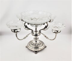Large Antique Convertible Four Arm Silver Plate & Cut Crystal Bowls Centerpiece