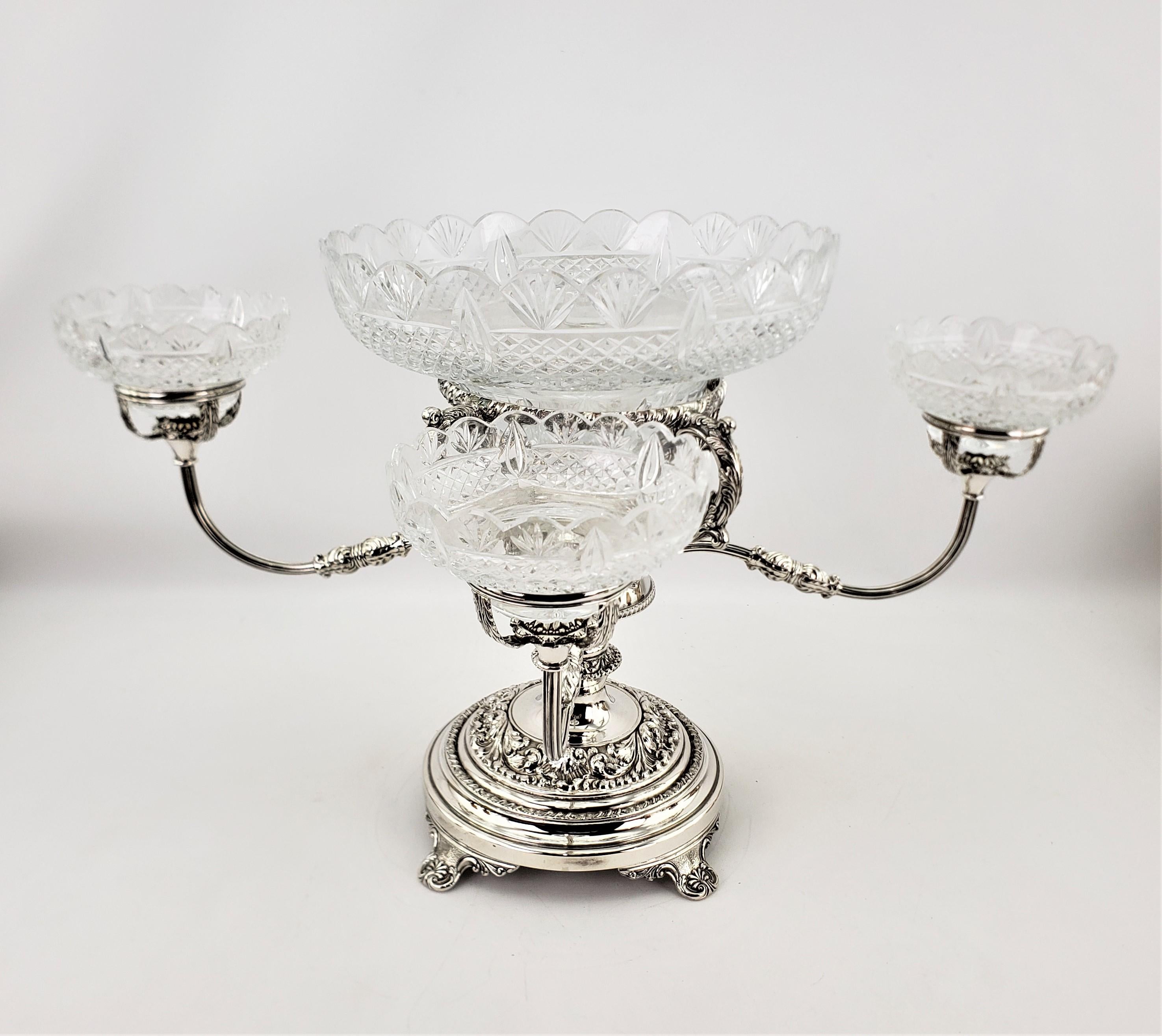 Edwardian Large Antique Convertible Four Arm Silver Plate & Cut Crystal Bowls Centerpiece For Sale