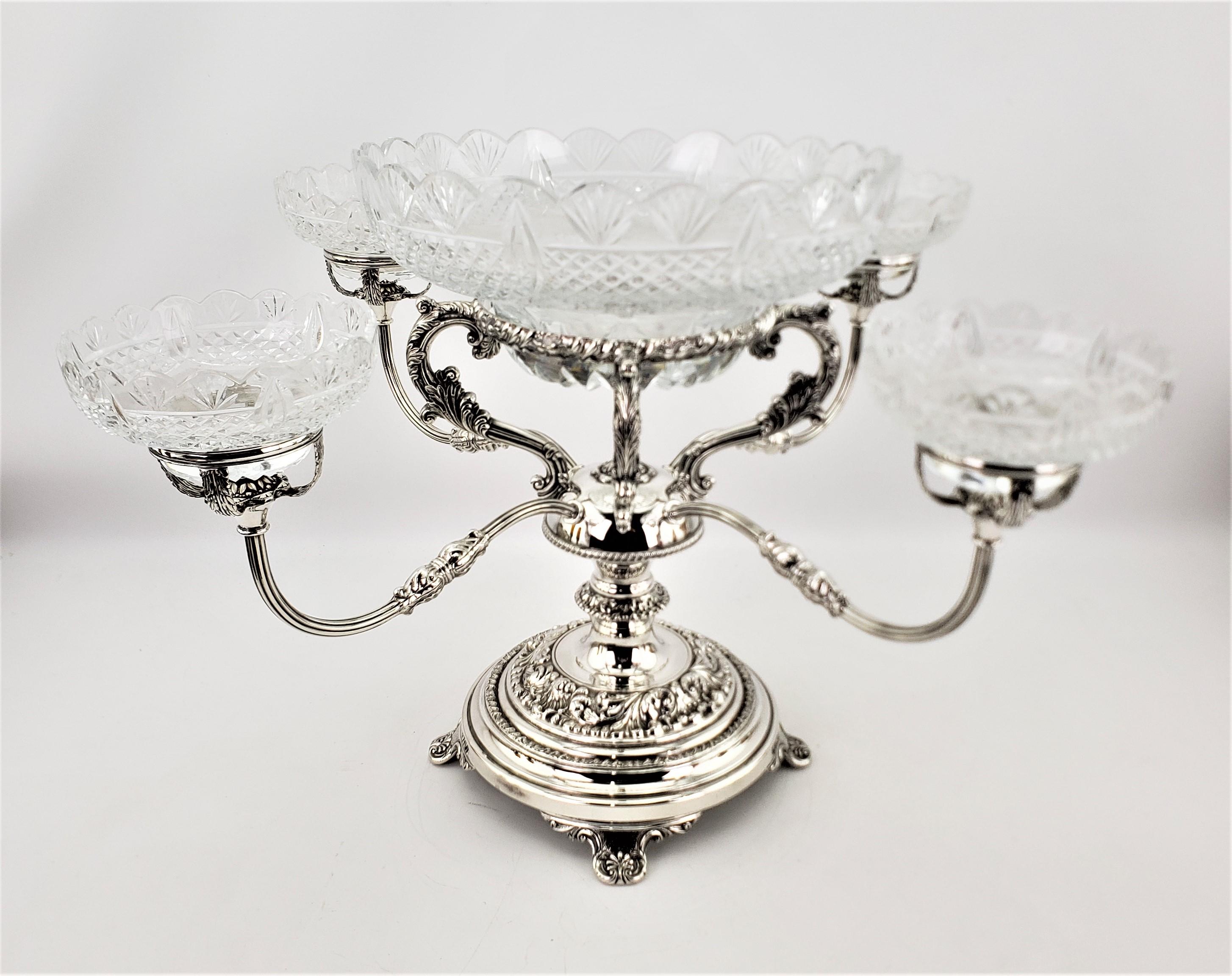 English Large Antique Convertible Four Arm Silver Plate & Cut Crystal Bowls Centerpiece For Sale