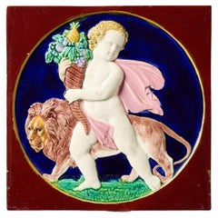 Große antike Copeland-Kachel mit Cherub und Löwe