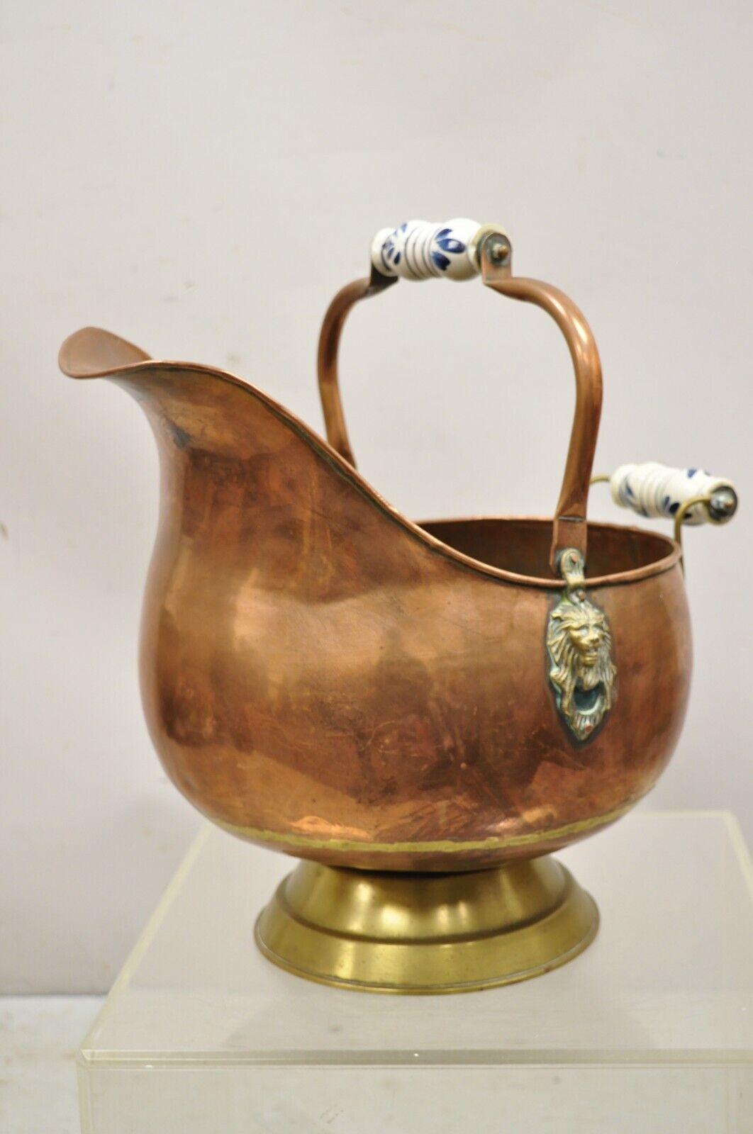 Large Antique Copper Coal Ash Scuttle Bucket Porcelain Handles and Lion Heads In Good Condition In Philadelphia, PA