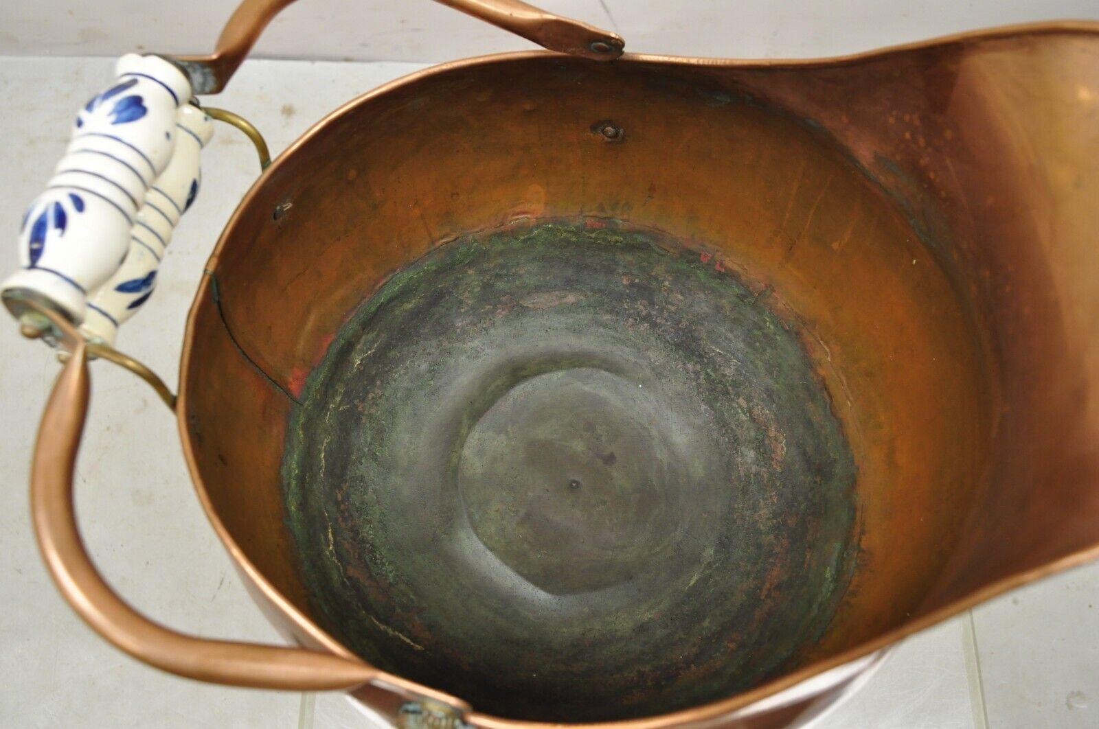 Large Antique Copper Coal Ash Scuttle Bucket Porcelain Handles and Lion Heads 2