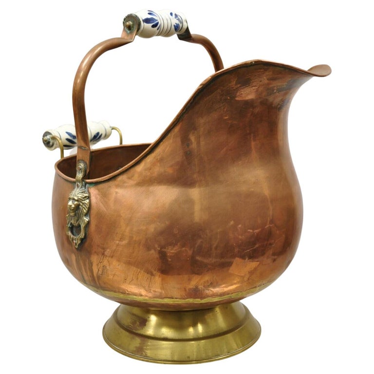 Large Antique Copper Coal Ash Scuttle Bucket Porcelain Handles and Lion