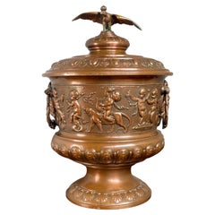 Large Antique Copper Cooler Bucket w. Stunning Bacchus Wine Theme & Zinc Liner