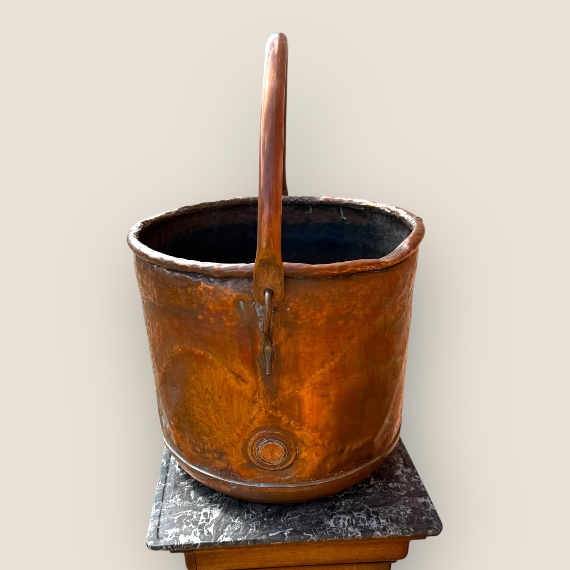 Metalwork Large Antique Copper Firewood Bucket with Handle For Sale