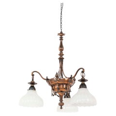 Large Antique Copper GEC Moonstone Glass Electrolier Pendant Light, C.1910
