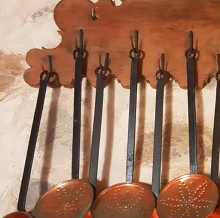 Art Nouveau Extra Lage Size, Copper Kitchen Utensils Wood & Iron Forged Pot Holder Antique For Sale