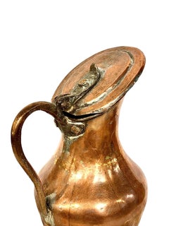 Large Antique Copper Lidded Pitcher with Curved Handle