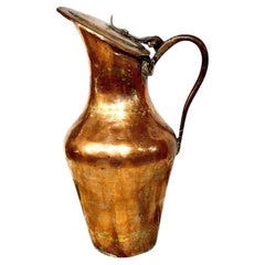 Large Antique Copper Lidded Pitcher with Curved Handle