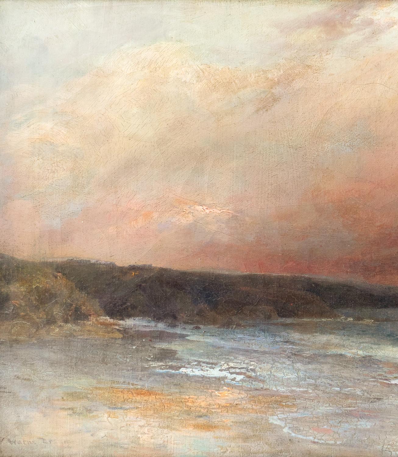 Hand-Painted Large Antique Cornish Sunset Seascape by Alfred J. Warne Browne, Oil Painting