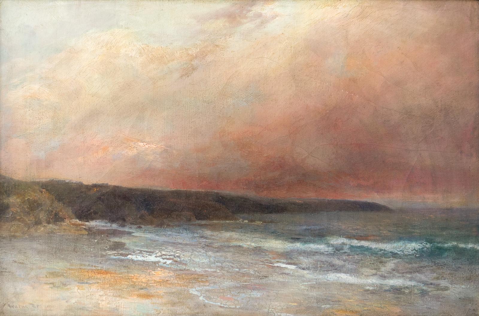 19th Century Large Antique Cornish Sunset Seascape by Alfred J. Warne Browne, Oil Painting