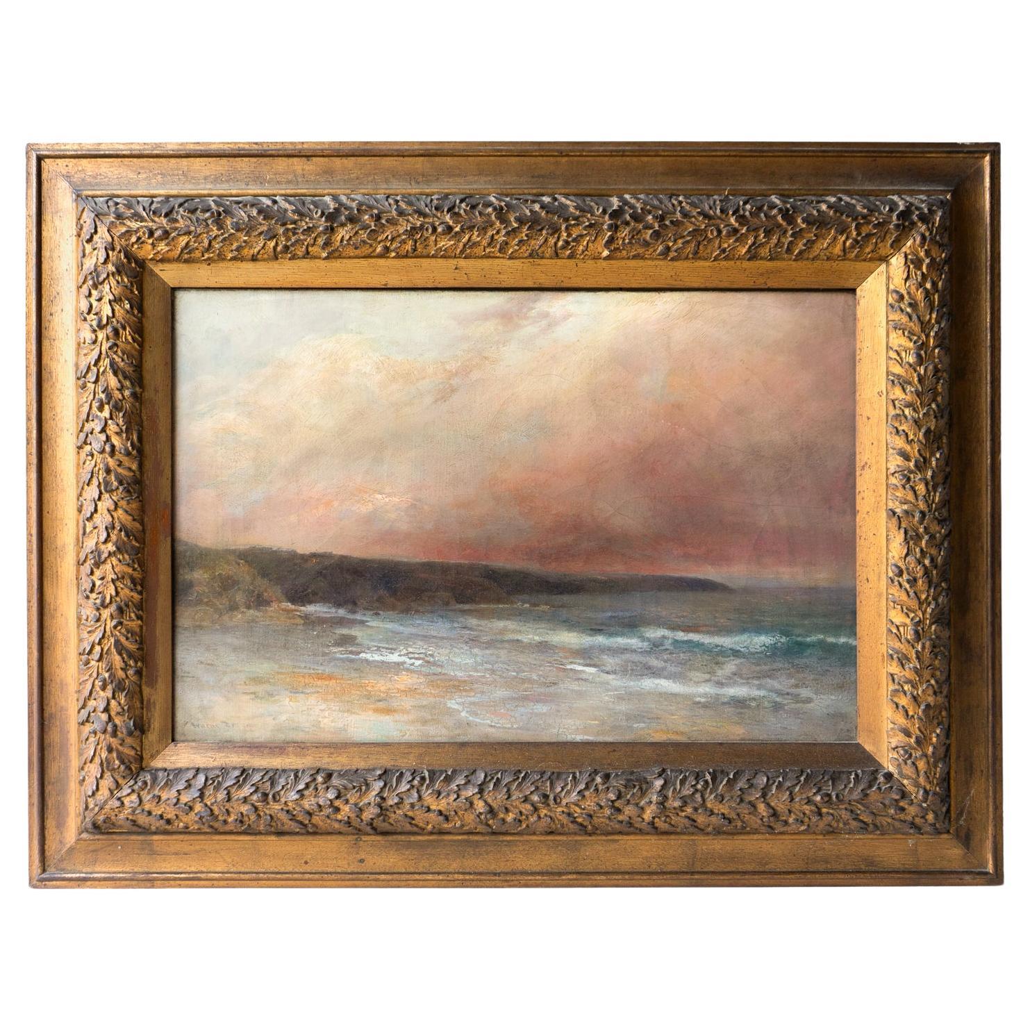 Large Antique Cornish Sunset Seascape by Alfred J. Warne Browne, Oil Painting
