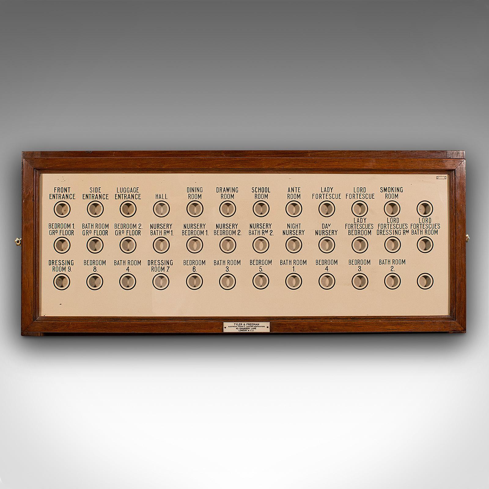 This is a large antique country house butler's bell board. An English pitch pine and glass room alarm panel, dating to the late Victorian period, circa 1900.

Of superb proportion and fascinating stately home appeal
Displays a desirable aged