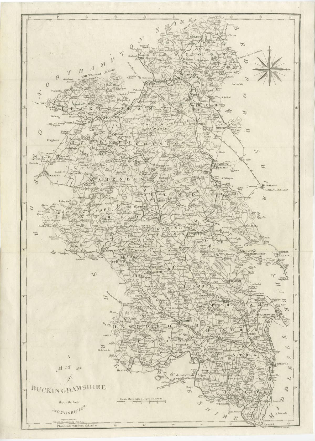 Large Antique County Map of Buckinghamshire, England